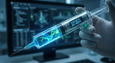 A gloved hand holds a futuristic syringe containing glowing synthetic bio-agent liquid with DNA strands