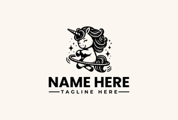 A minimalist illustration of a unicorn logo with a stylized mane and stars on a clean white background, featuring placeholder text for a name and tagline in a simple, modern design. © vectorvovdesign