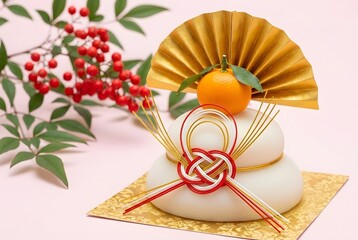 Delicate japanese new year cake with ornament isolated on white background