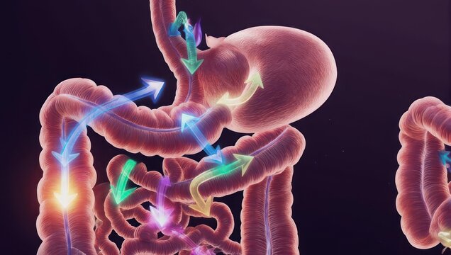 Human Digestive System Anatomy with Arrows Illustrating Process.
