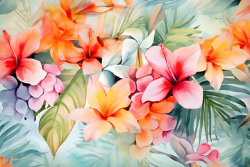 Obraz premium Vibrant watercolor tropical floral pattern with lush green leaves