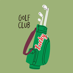 Green golf bag for carrying golf clubs  Hand drawn Vector illustration. Isolated design element. Sport, tournament, luxury hobby, activity concept. Print, poster, logo, sticker, card template