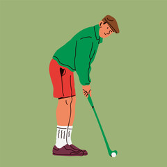 Golf player standing, holding golf club before swing. Hand drawn Vector illustration. Isolated design element. Sport, tournament, luxury hobby, activity concept. Print, poster, logo, card template