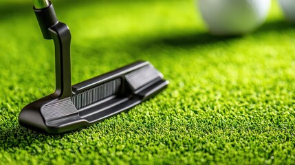 A close-up of a golf putter resting on vibrant green grass, emphasizing precision and focus in the sport of golf.