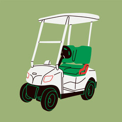 White golf Cart, outdoor golf vehicle. Hand drawn Vector illustration. Isolated design element. Sport, tournament, luxury hobby, electric transport concept. Print, poster, logo, card template
