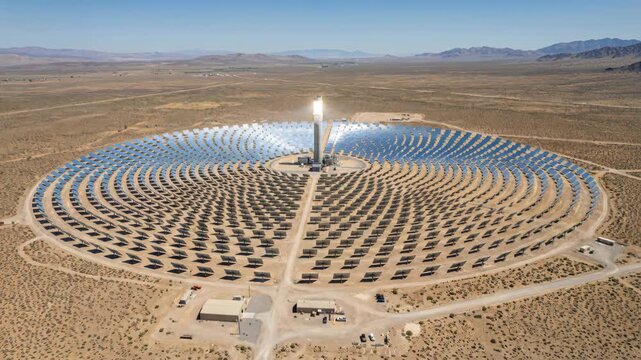 Aerial View Of A Concentrated Solar Power Plant With Heliostats Reflecting Sunlight Onto A Central Tower In A Desert Landscape Under A