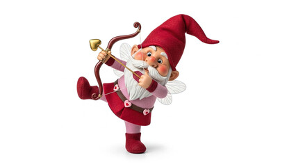 Cute 3D Valentine's Day gnome Cupid aiming a heart arrow on white background