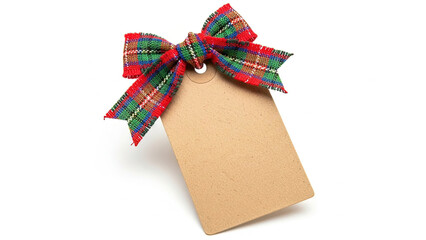 Blank beige paper gift tag with traditional red and green tartan plaid bow isolated on white background
