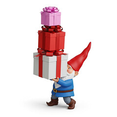 Funny 3D garden gnome carrying a heavy stack of Christmas gift boxes isolated on white background