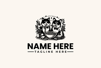 Black and white illustration of two cats sitting with a bowl, surrounded by plants and leaves on a clean white background, with a logo and tagline text.