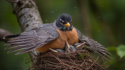 A close-up shot of a grey and orange bird (resembling a robin) perched on a nest, spreading its wings to protect its hungry chicks from raindrops. The scene captures a tender moment of wildlife parent