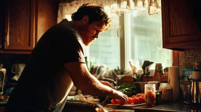 Man Cooking Healthy Food in Rustic Kitchen Preparing Fresh Tomatoes Vegetables Canning Food Lifestyle Food Prep Home Chef Organic Food Cooking Video Footage