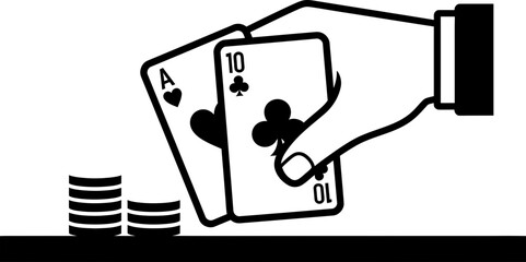 Man hand holding playing cards with aces and clubs next to chip stack on casino table. Gambling game concept. Vector symbol