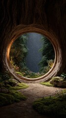 Obraz premium Enchanted portal view to the starry sky through a natural round opening in a mossy forest.