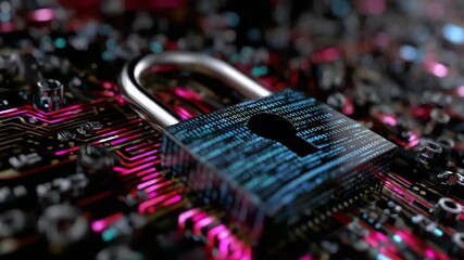 A close-up view of a digital padlock on a circuit board, symbolizing cybersecurity and data protection - Powered by Adobe