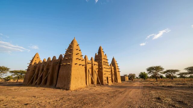 Ancient Mud Brick Mosque With Tall Spires Under A Clear Blue Sky In A Dry Arid Landscape During Golden Hour With Sparse Trees