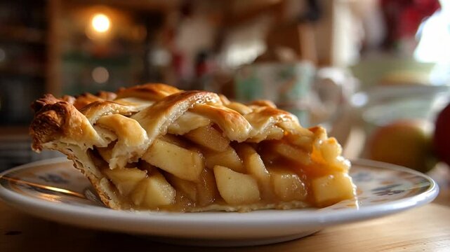 Delicious homemade apple pie on a white plate.