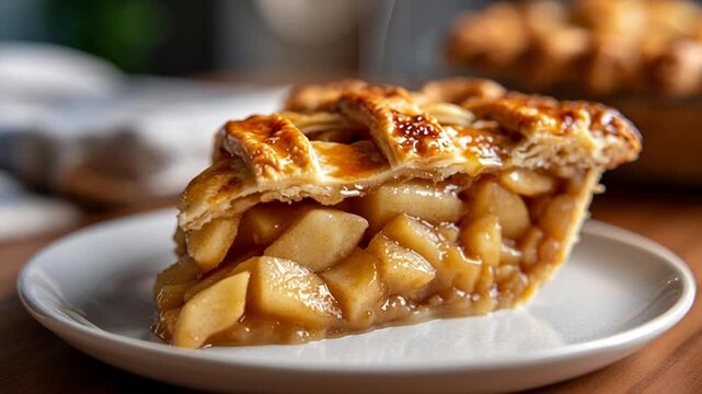 Delicious slice of apple pie on a white plate.