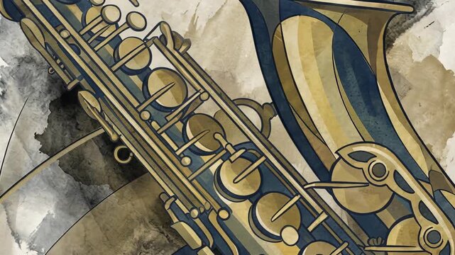 Artistic Golden Saxophone With Swirling Blue And Brown Abstract Watercolor Splashes And Lines Flowing Abstractly In A Dynamic Composition