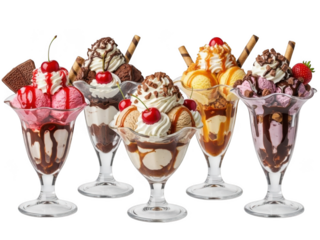 Delightful assortment of ice cream sundaes with various toppings isolated on transparent background