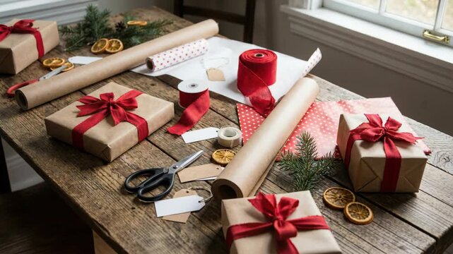 Brown Paper Wrapped Gifts With Red Ribbon Bows On Rustic Wooden Table Ready For Holiday Season Celebration With Christmas Decorations And