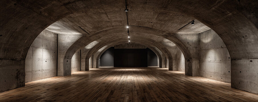 Dark silent chamber with cold concrete ceiling and organic wooden floor 32k ultra HD