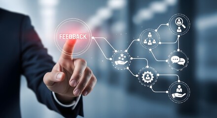 Concept of customer feedback and service improvement with a hand interacting with a digital interface