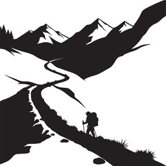 Hiker on mountain trail with backpack and trekking poles