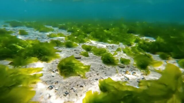 Underwater view of lush green seaweed growing on sandy seabed.