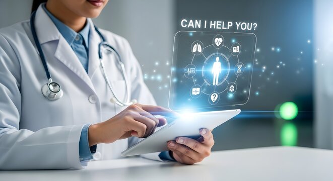 Healthcare professional using a digital tablet with an ai assistant for medical consultation and support - Powered by Adobe