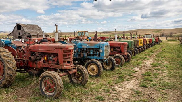 Diverse Antique Tractors Lined Up Outdoors on Grassy Field With Wooden Barn and Rolling Hills Under Cloudy Sky