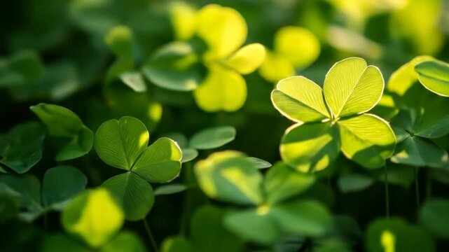 Close up of green clover leaves illuminated by warm sunlight