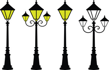Vintage Street Lamp Post Silhouette Set. Classic Outdoor Lighting Vector.