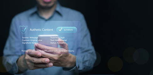 Man using smartphone with authentic content verification interface. Digital trust, provenance, cybersecurity, content validation, authenticity, authentication, data integrity, secure online browsing.