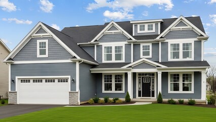 A large gray house with white trim and a green lawn