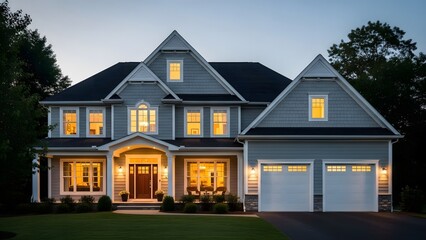 Beautifully lit large house with garage at dusk