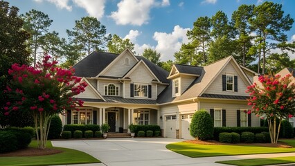 Luxurious suburban home with lush landscaping and driveway