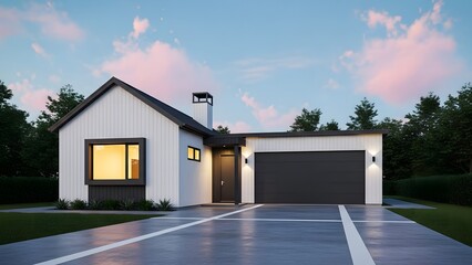 Modern white house with garage at dusk or dawn