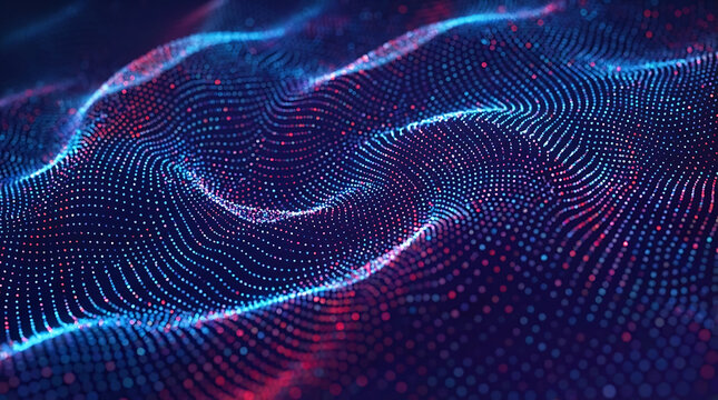 Dynamic glowing blue and red particle wave pattern on dark background symbolizing artificial neural networks and advanced digital data processing for machine learning algorithms - Powered by Adobe