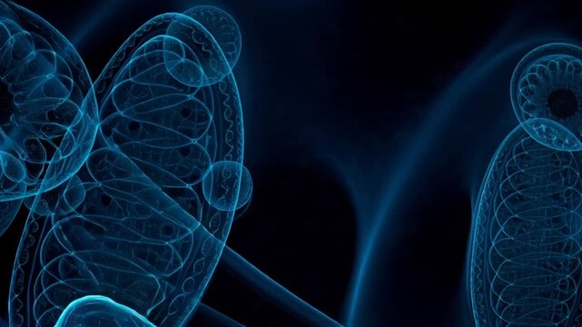Abstract blue wireframe structures on dark background.