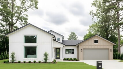 Modern two story white house with garage and green lawn