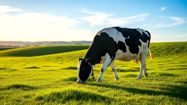 Cow Grazing Peacefully in a Lush Green Meadow Under a Blue Sky.