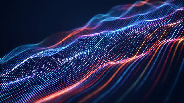 Abstract digital wave of glowing colorful particles flowing in dark space representing big data visualization and high speed fiber optic telecommunication signal transmissions - Powered by Adobe