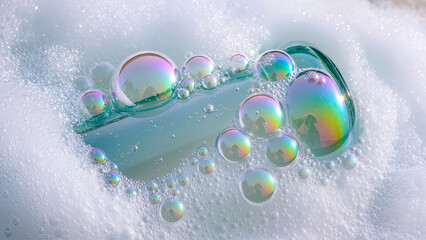 A stunning macro shot of several soap bubbles with rainbow patterns trapped on a soft snow surface. The image captures the delicate textures of ice crystals and the vibrant, shimmering colors within t