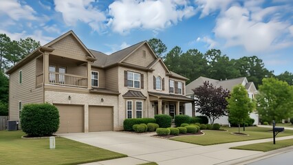 Large two story house with garage and landscaped yard