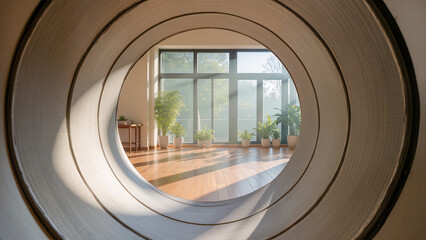 A unique, artistic perspective looking through several concentric white rings towards a bright living space. The background features large windows, indoor plants, and sunlight streaming across a woode