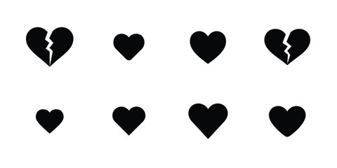 Collection of broken and whole heart symbols in black silhouette