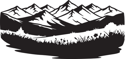 Mountain range landscape with lake and flowers