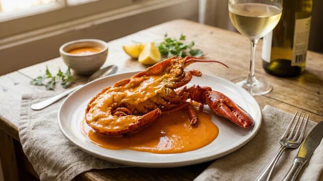 Gourmet Lobster Thermidor Served with Rich Orange Bisque Sauce and White Wine Glass on Rustic Wooden Table
