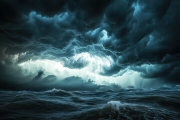 Dramatic storm clouds gather over turbulent ocean waters during twilight